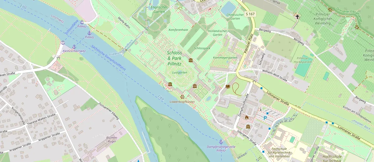 Lage von Schloss und Park Pillnitz auf der Karte